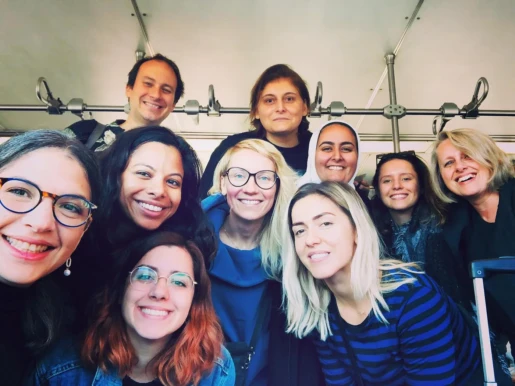 9 of the 50 women in STEM heading to Charleston, SC and the liaison Frank. From the left: Ms. Claudia Beatriz OLMEDO MARTINEZ (El Salvador), Ms. Deviga DORERAJA (Malaysia), Ms. Tugce Nur TAS (Switzerland), Ms. Anna ANDERSONE (Latvia), Ms. Snezana ZIVCEVSKA (Netherlands), Ms. Dafina OLLURI (Kosovo), Ms. Arwa ALGHANIM (Kuwait), Ms. Vasiliki FISKA (Greece), Ms. Anita CVETIC ORESCANIN (Croatia)